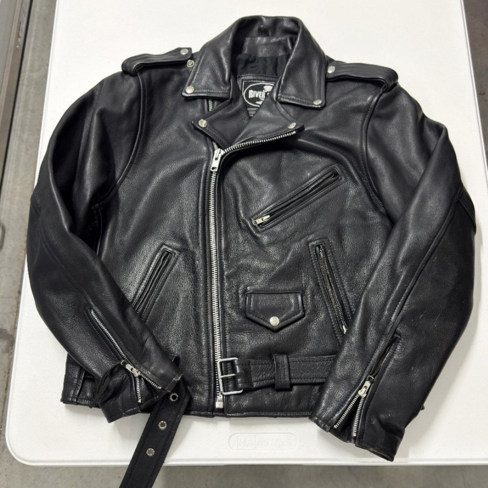 River Road Mens Black Leather Motorcycle Jacket Biker Moto Belted Size 42